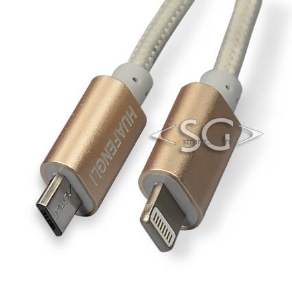 Шнур 2.0 USB A MALE- micro USB 5P+Apple Lightning(iPhone/iPad/iPod)1,5мOD:3.8мм 1,5-2,4A ткань/серый